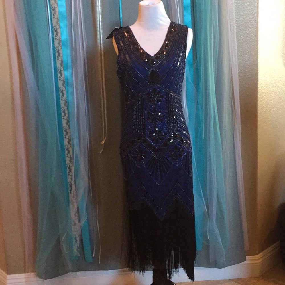 Royal Blue Flapper Embellished Beaded Dress, XS